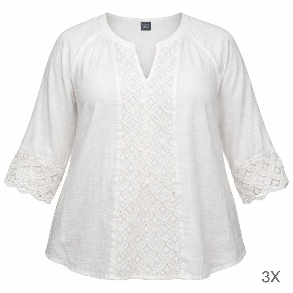 New Directions Womens Blouse 3X Ivory Lace Boho Peasant Top Plus Size